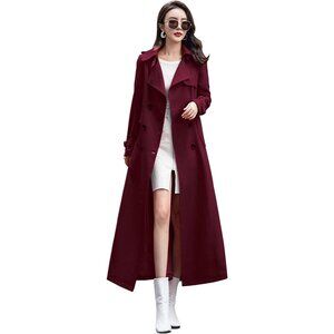 ebossy Women's  Wine Red  Full Length Double Breasted Long Trench Coat